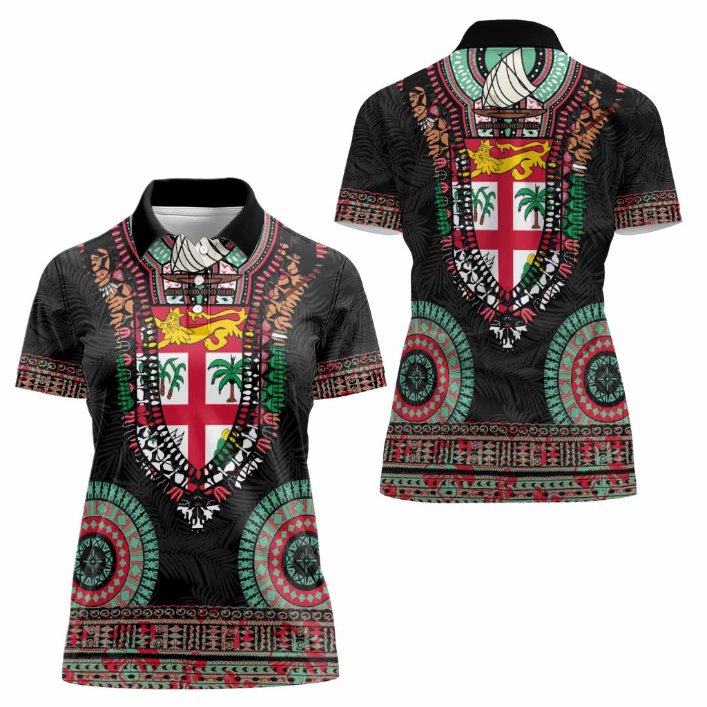 Fiji Coat of Arms Traditional Dashiki Women Polo Shirt Tapa Art and Palm Leaves Pattern Black Color - Polynesian Pride