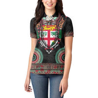 Fiji Coat of Arms Traditional Dashiki Women Polo Shirt Tapa Art and Palm Leaves Pattern Black Color - Polynesian Pride