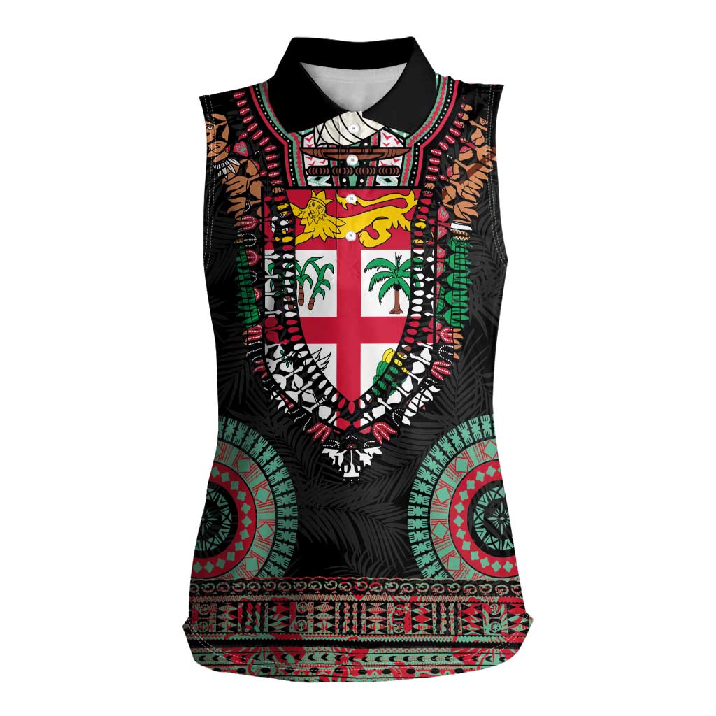 Fiji Coat of Arms Traditional Dashiki Women Sleeveless Polo Shirt Tapa Art and Palm Leaves Pattern Black Color - Polynesian Pride