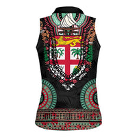 Fiji Coat of Arms Traditional Dashiki Women Sleeveless Polo Shirt Tapa Art and Palm Leaves Pattern Black Color - Polynesian Pride