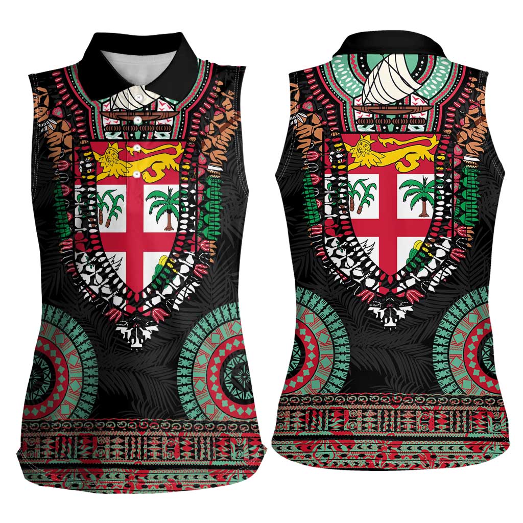 Fiji Coat of Arms Traditional Dashiki Women Sleeveless Polo Shirt Tapa Art and Palm Leaves Pattern Black Color - Polynesian Pride