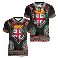 Fiji Coat of Arms Traditional Dashiki Women V-Neck T-Shirt Tapa Art and Palm Leaves Pattern Black Color - Polynesian Pride
