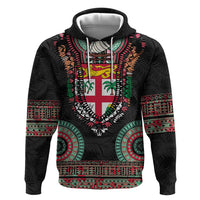 Fiji Coat of Arms Traditional Dashiki Zip Hoodie Tapa Art and Palm Leaves Pattern Black Color - Polynesian Pride
