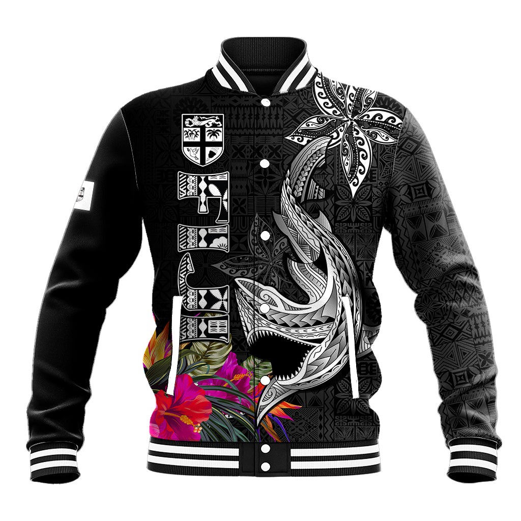 Polynesian Fiji Baseball Jacket Shark and Hibiscus Tapa Pattern Version LT03 Unisex White - Polynesian Pride