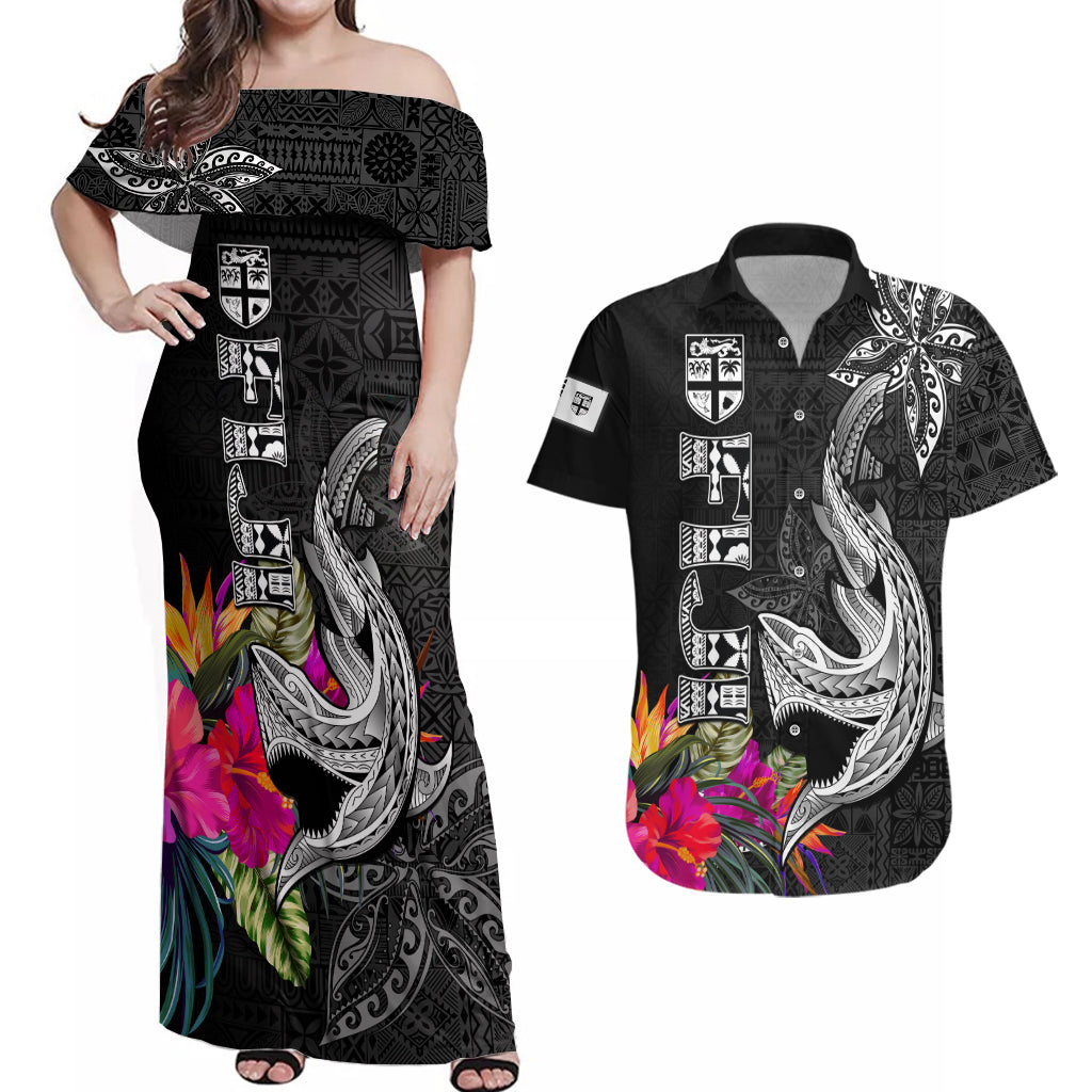 Polynesian Fiji Couples Matching Off Shoulder Maxi Dress and Hawaiian Shirt Shark and Hibiscus Tapa Pattern Version LT03 White - Polynesian Pride