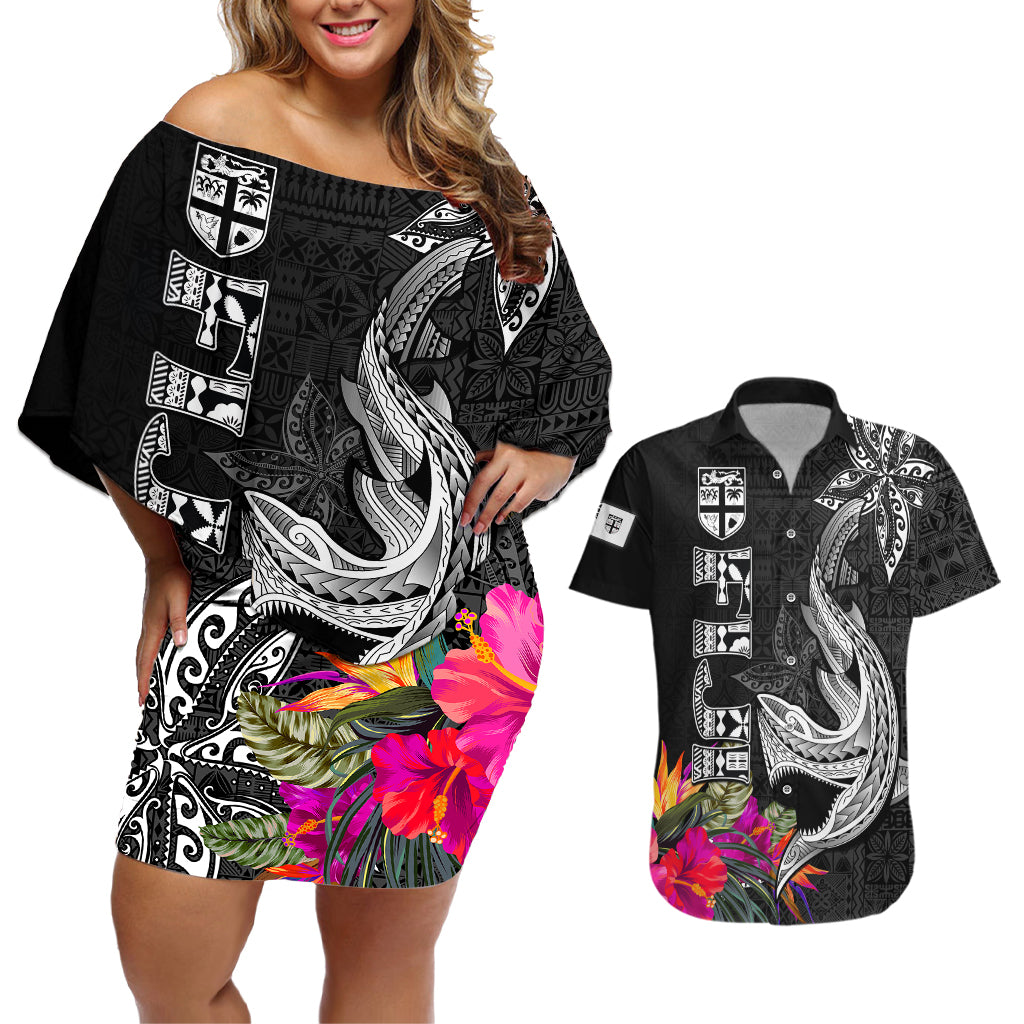 Polynesian Fiji Couples Matching Off Shoulder Short Dress and Hawaiian Shirt Shark and Hibiscus Tapa Pattern Version LT03 White - Polynesian Pride