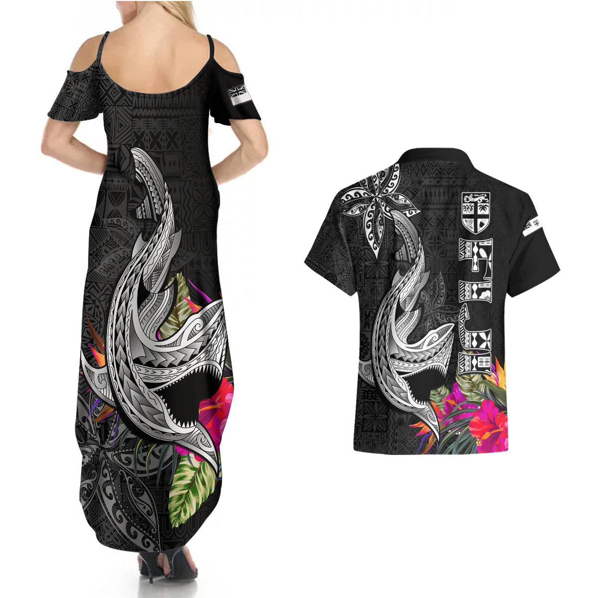 Polynesian Fiji Couples Matching Summer Maxi Dress and Hawaiian Shirt Shark and Hibiscus Tapa Pattern Version LT03 - Polynesian Pride