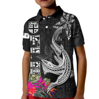 Polynesian Fiji Kid Polo Shirt Shark and Hibiscus Tapa Pattern Version LT03 Kid White - Polynesian Pride