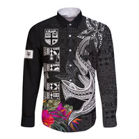 Polynesian Fiji Long Sleeve Button Shirt Shark and Hibiscus Tapa Pattern Version LT03 Unisex White - Polynesian Pride