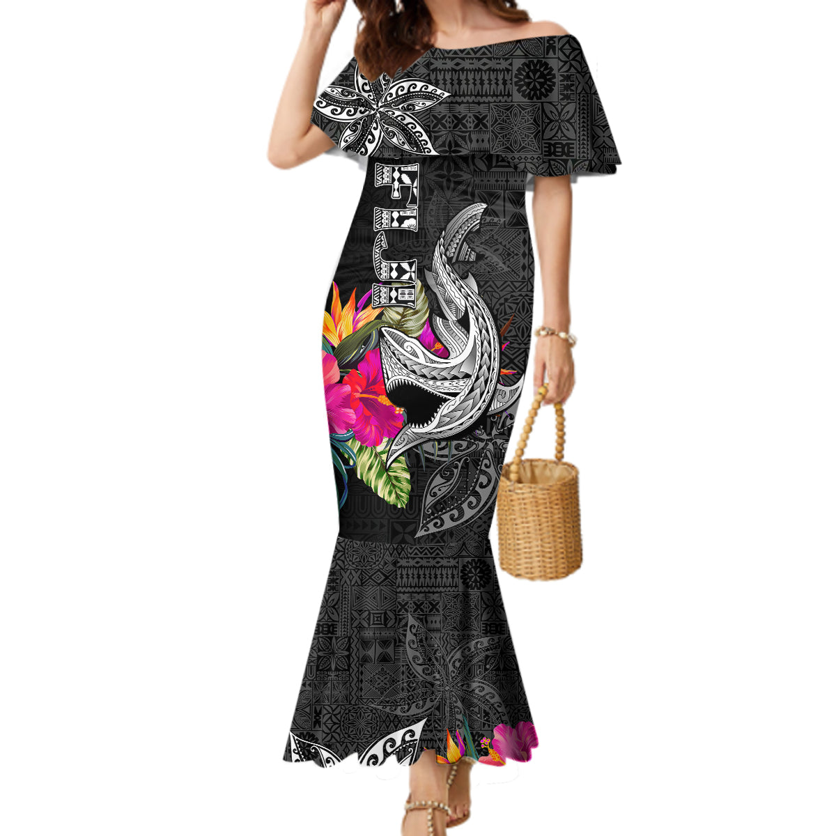 Polynesian Fiji Mermaid Dress Shark and Hibiscus Tapa Pattern Version LT03 Women White - Polynesian Pride