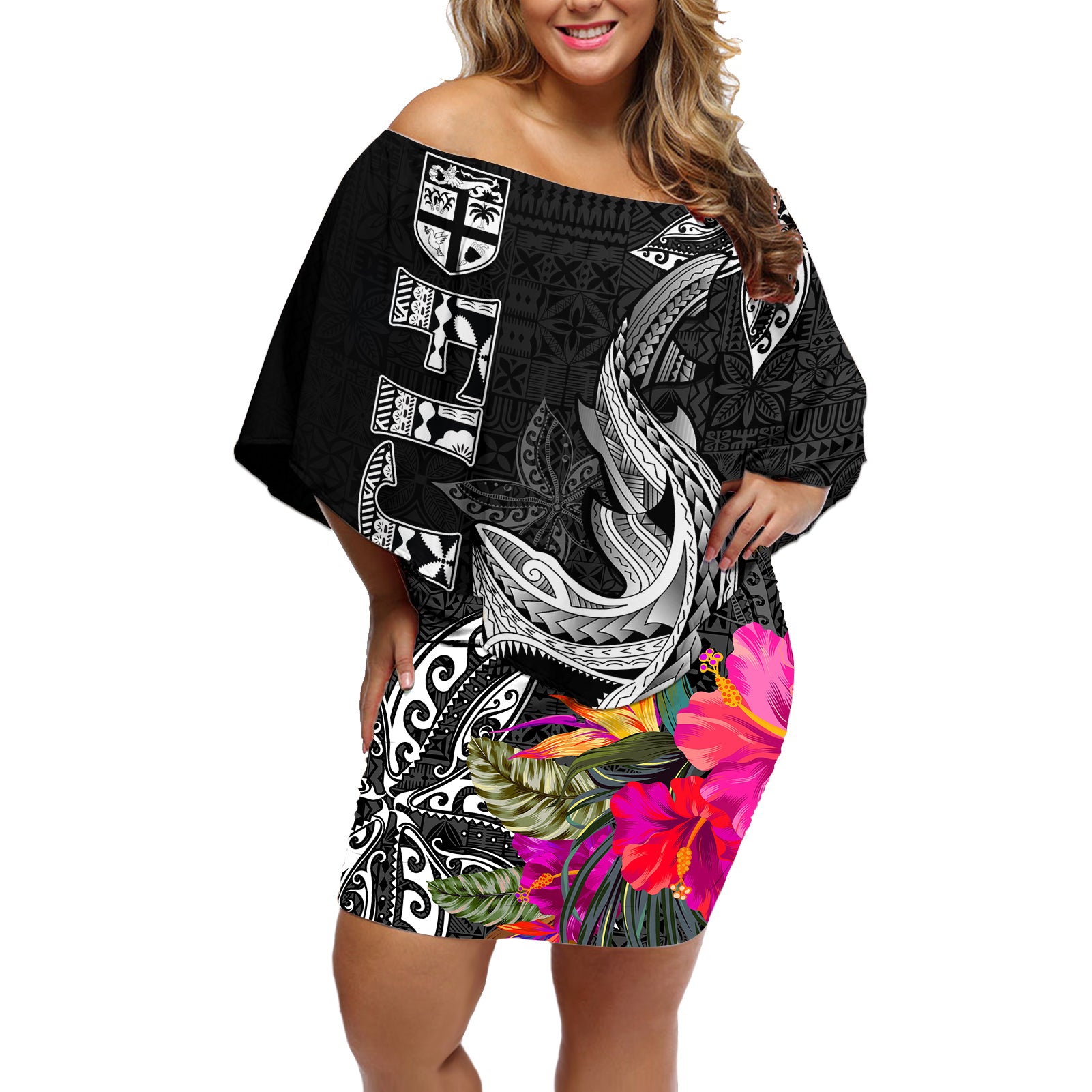 Polynesian Fiji Off Shoulder Short Dress Shark and Hibiscus Tapa Pattern Version LT03 Women White - Polynesian Pride