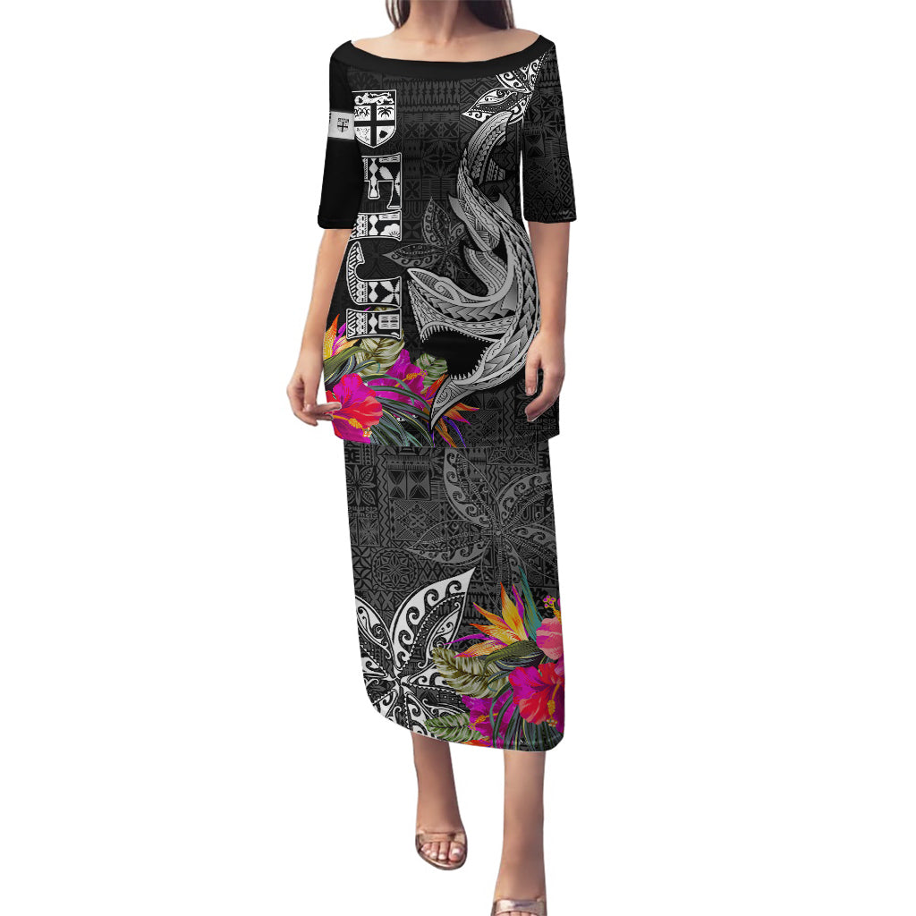 Polynesian Fiji Puletasi Shark and Hibiscus Tapa Pattern Version LT03 Long Dress White - Polynesian Pride