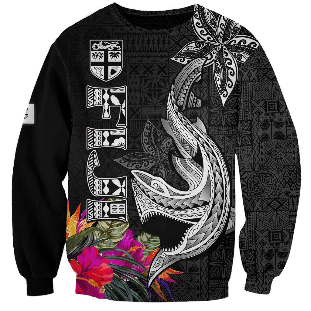 Polynesian Fiji Sweatshirt Shark and Hibiscus Tapa Pattern Version LT03 Unisex White - Polynesian Pride