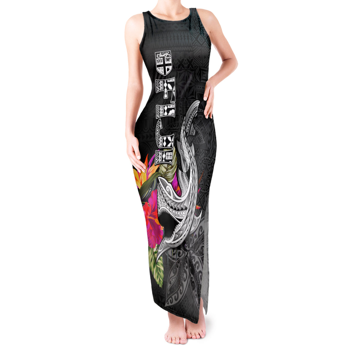 Polynesian Fiji Tank Maxi Dress Shark and Hibiscus Tapa Pattern Version LT03 Women White - Polynesian Pride