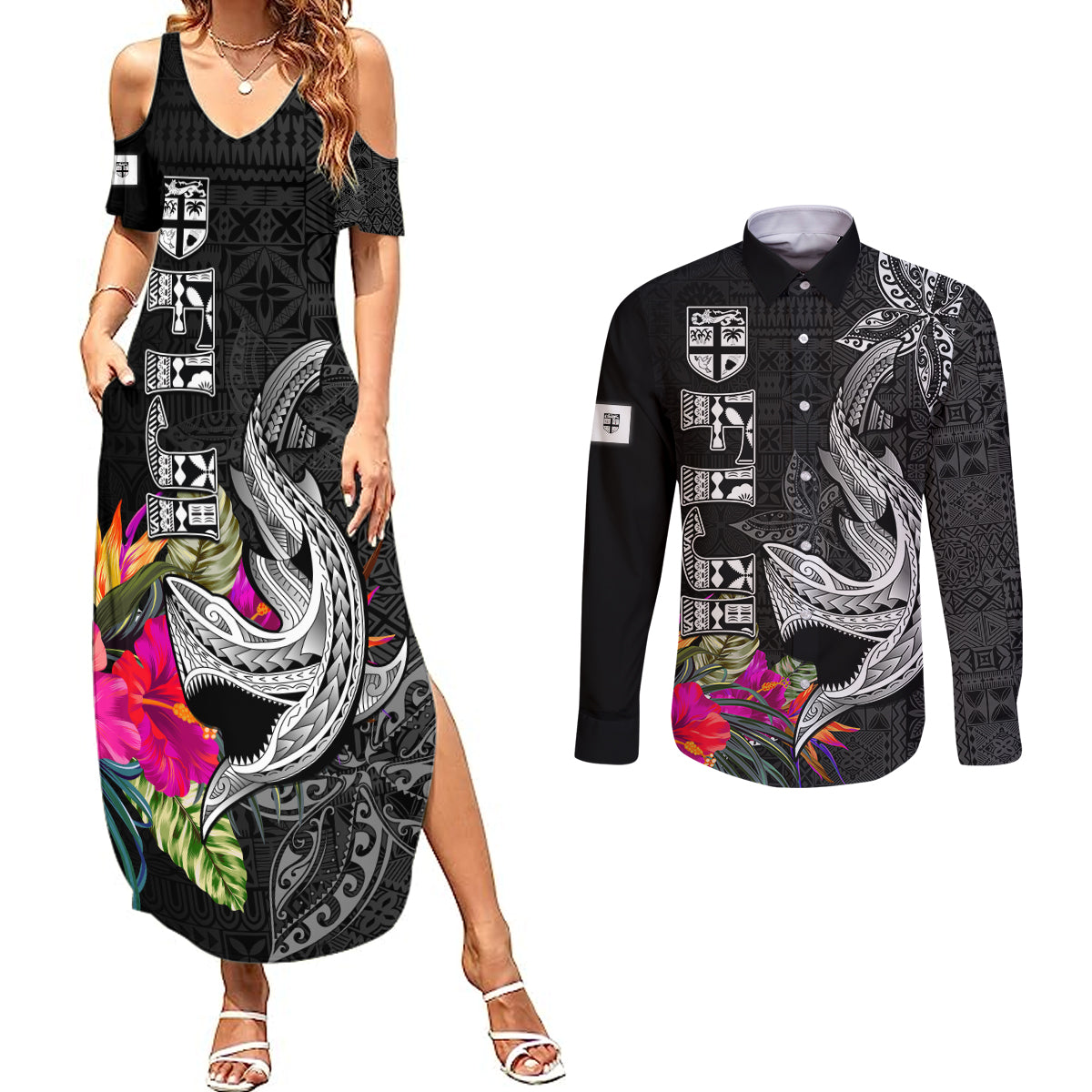 Custom Polynesian Fiji Couples Matching Summer Maxi Dress and Long Sleeve Button Shirts Shark and Hibiscus Tapa Pattern Version LT03 White - Polynesian Pride