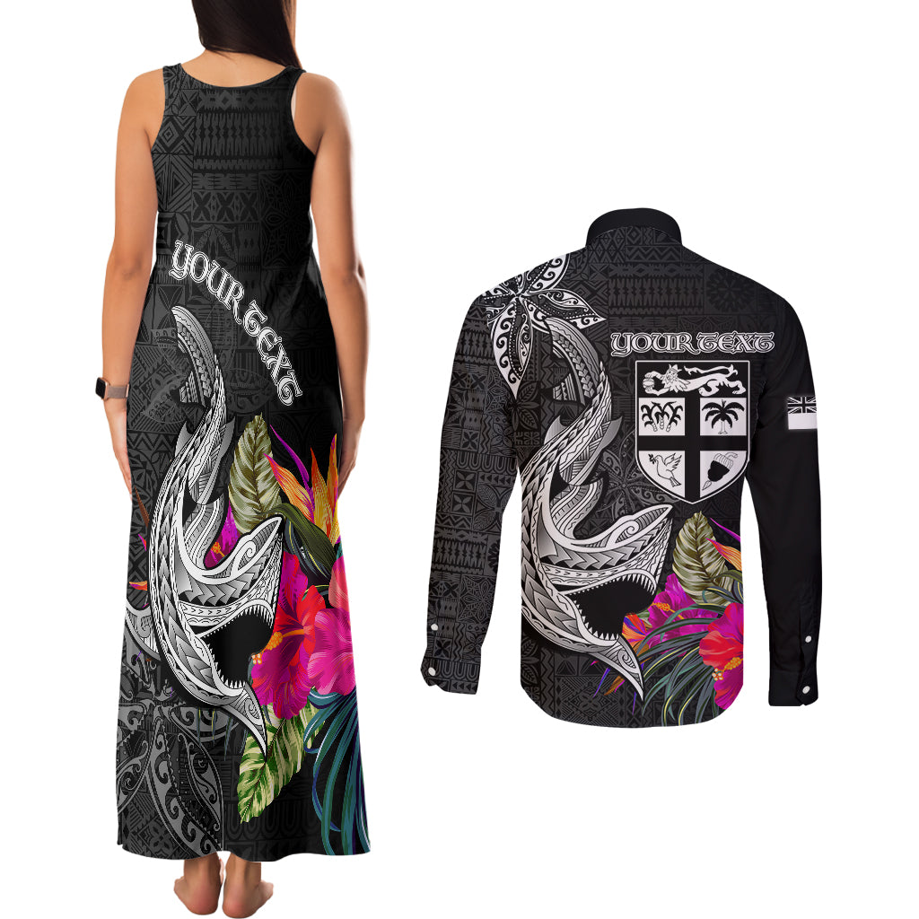 Custom Polynesian Fiji Couples Matching Tank Maxi Dress and Long Sleeve Button Shirts Shark and Hibiscus Tapa Pattern Version LT03 - Polynesian Pride