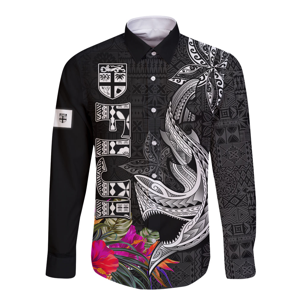 Custom Polynesian Fiji Long Sleeve Button Shirt Shark and Hibiscus Tapa Pattern Version LT03 Unisex White - Polynesian Pride