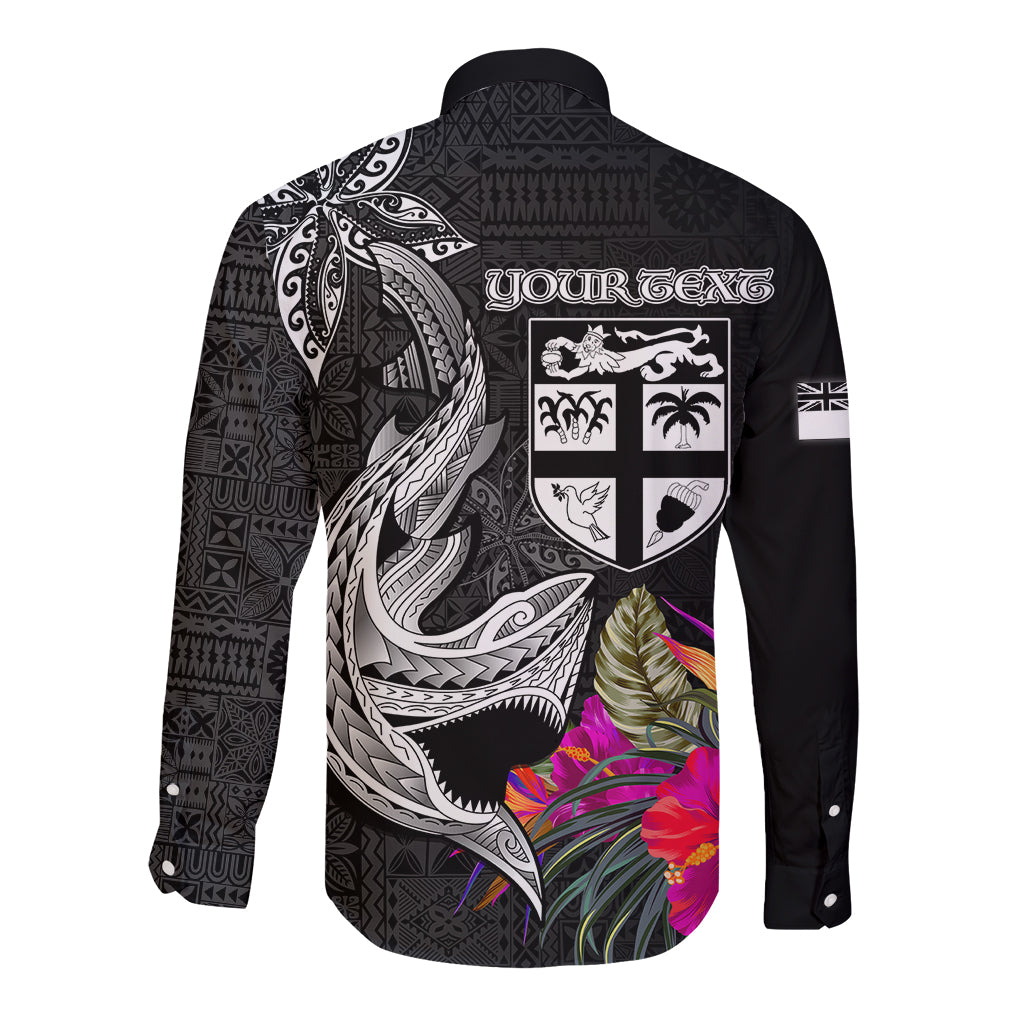 Custom Polynesian Fiji Long Sleeve Button Shirt Shark and Hibiscus Tapa Pattern Version LT03 - Polynesian Pride