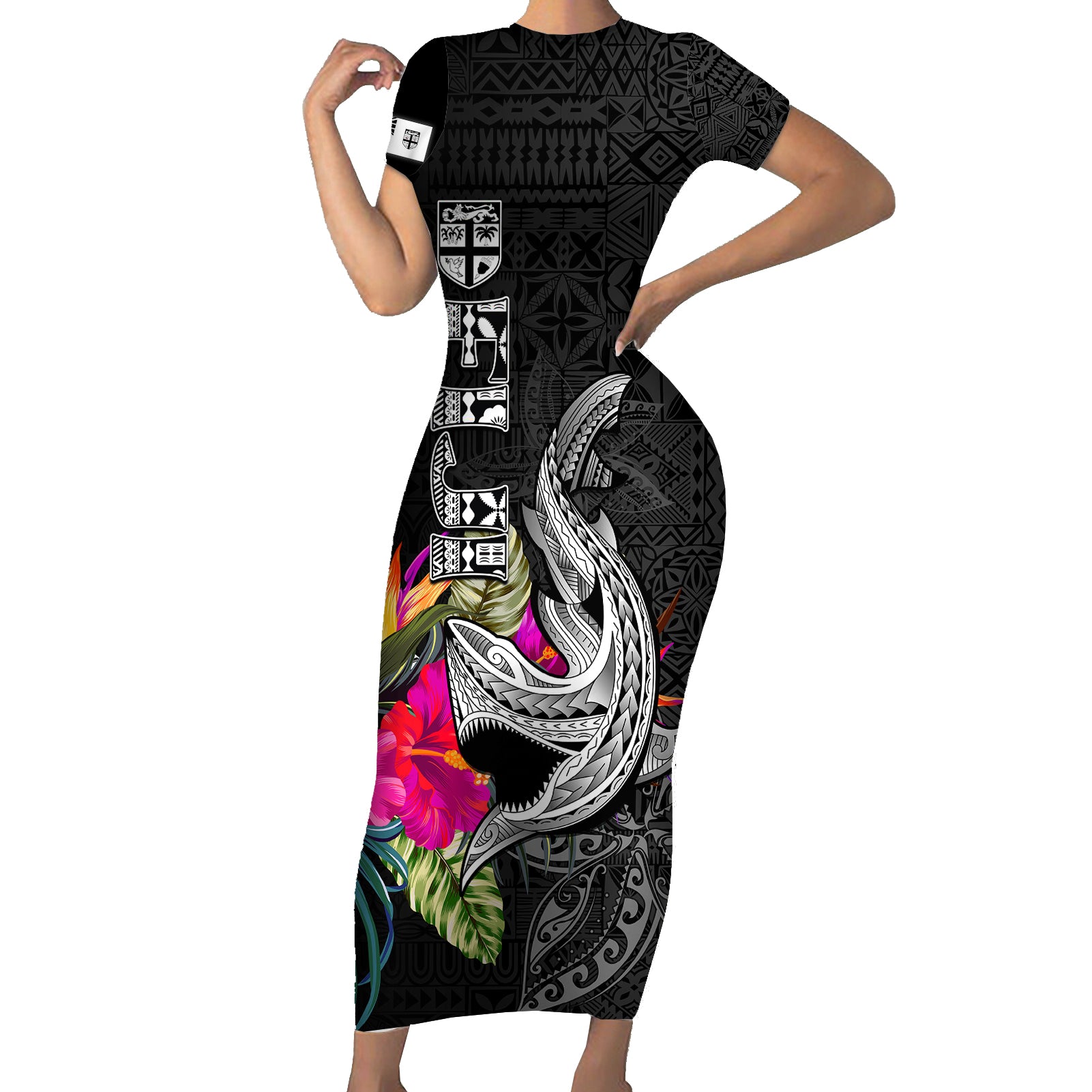 Custom Polynesian Fiji Short Sleeve Bodycon Dress Shark and Hibiscus Tapa Pattern Version LT03 Long Dress White - Polynesian Pride