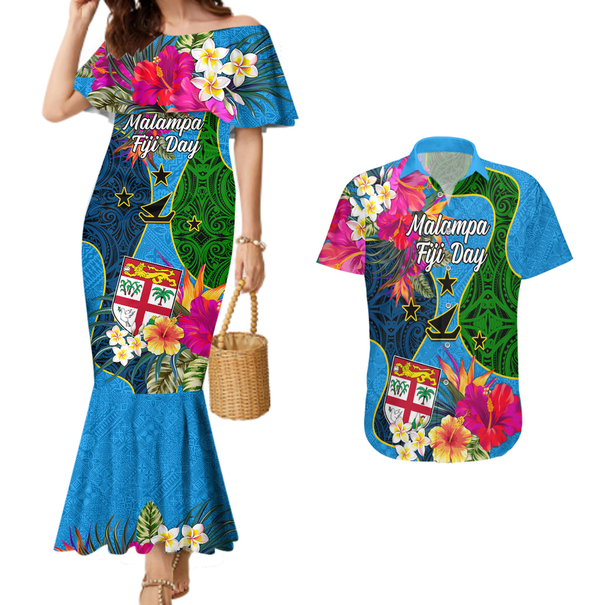 Malampa Fiji Day Couples Matching Mermaid Dress and Hawaiian Shirt Tropical Plants Mix Polynesian and Tapa Pattern LT03 Blue - Polynesian Pride