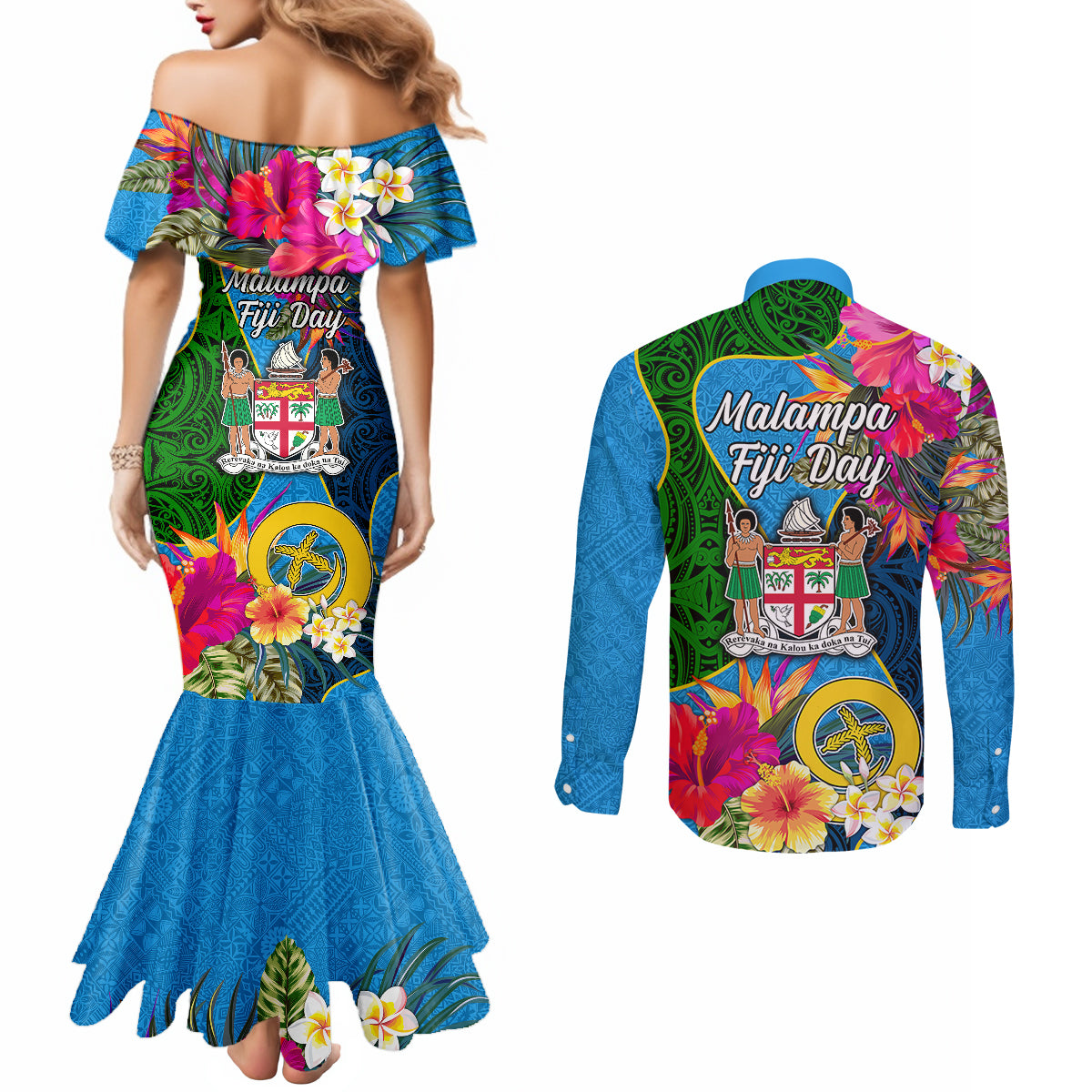 Malampa Fiji Day Couples Matching Mermaid Dress and Long Sleeve Button Shirts Tropical Plants Mix Polynesian and Tapa Pattern LT03 - Polynesian Pride