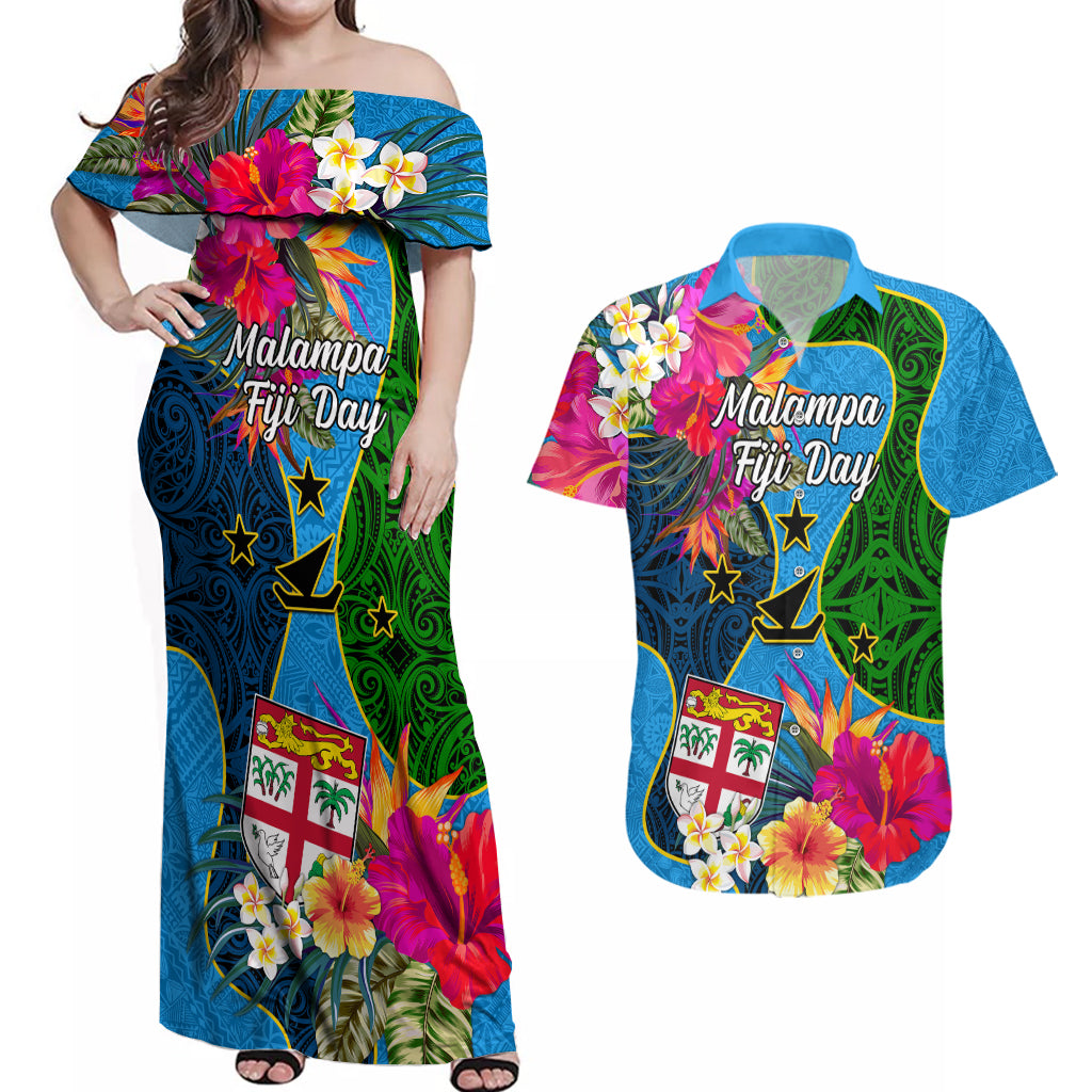 Malampa Fiji Day Couples Matching Off Shoulder Maxi Dress and Hawaiian Shirt Tropical Plants Mix Polynesian and Tapa Pattern LT03 Blue - Polynesian Pride