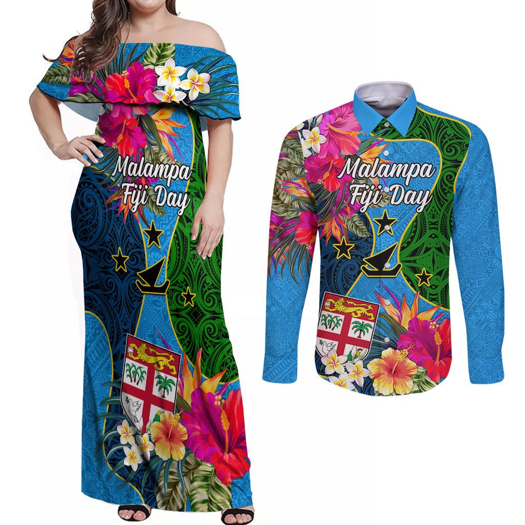 Malampa Fiji Day Couples Matching Off Shoulder Maxi Dress and Long Sleeve Button Shirts Tropical Plants Mix Polynesian and Tapa Pattern LT03 Blue - Polynesian Pride