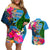 Malampa Fiji Day Couples Matching Off Shoulder Short Dress and Hawaiian Shirt Tropical Plants Mix Polynesian and Tapa Pattern LT03 Blue - Polynesian Pride