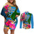 Malampa Fiji Day Couples Matching Off Shoulder Short Dress and Long Sleeve Button Shirts Tropical Plants Mix Polynesian and Tapa Pattern LT03 Blue - Polynesian Pride