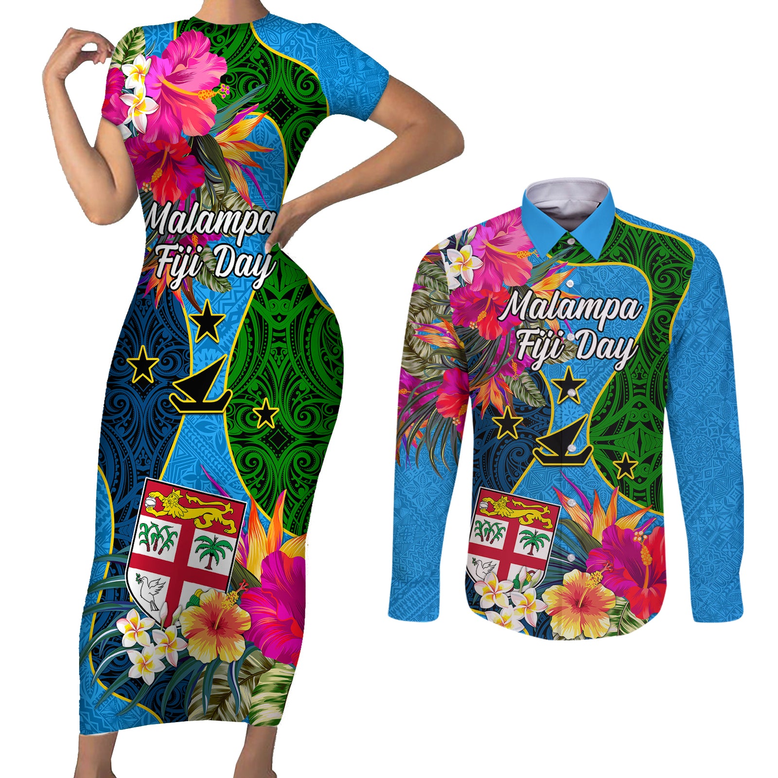 Malampa Fiji Day Couples Matching Short Sleeve Bodycon Dress and Long Sleeve Button Shirts Tropical Plants Mix Polynesian and Tapa Pattern LT03 Blue - Polynesian Pride