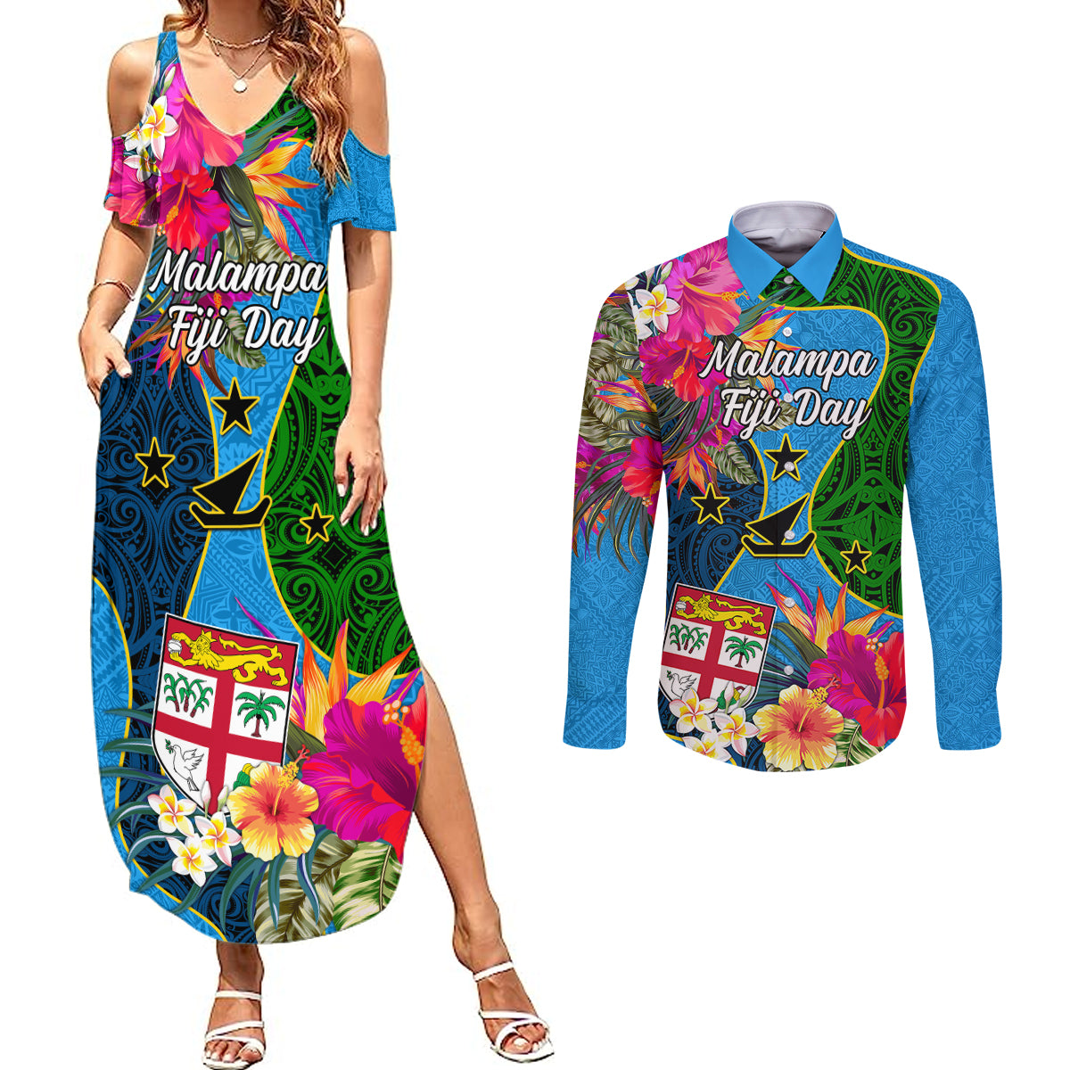 Malampa Fiji Day Couples Matching Summer Maxi Dress and Long Sleeve Button Shirts Tropical Plants Mix Polynesian and Tapa Pattern LT03 Blue - Polynesian Pride