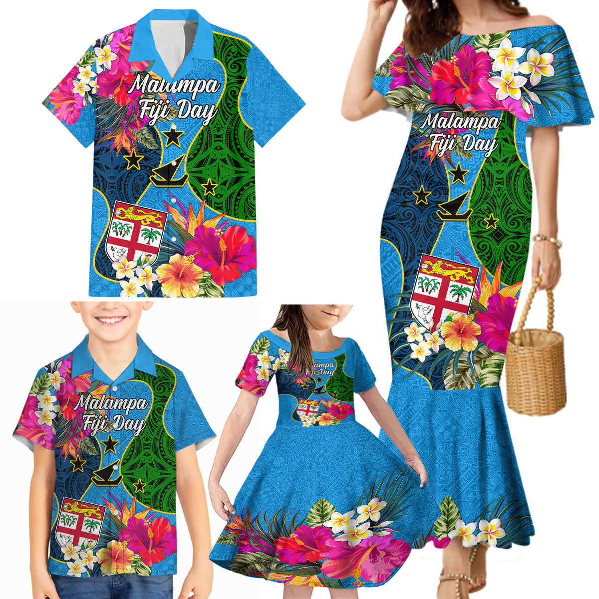 Malampa Fiji Day Family Matching Mermaid Dress and Hawaiian Shirt Tropical Plants Mix Polynesian and Tapa Pattern LT03 - Polynesian Pride