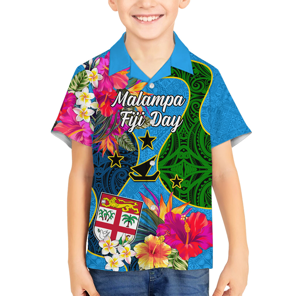 Malampa Fiji Day Family Matching Off Shoulder Long Sleeve Dress and Hawaiian Shirt Tropical Plants Mix Polynesian and Tapa Pattern LT03 Son's Shirt Blue - Polynesian Pride