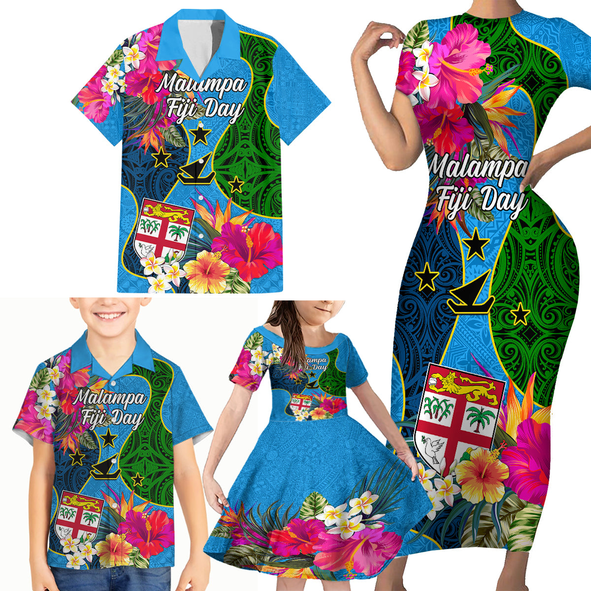 Malampa Fiji Day Family Matching Short Sleeve Bodycon Dress and Hawaiian Shirt Tropical Plants Mix Polynesian and Tapa Pattern LT03 - Polynesian Pride