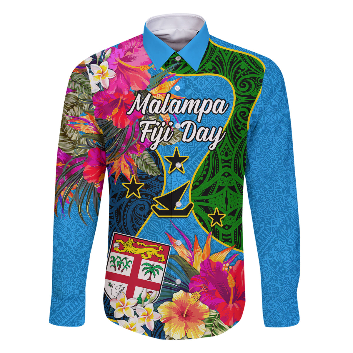 Malampa Fiji Day Family Matching Short Sleeve Bodycon Dress and Hawaiian Shirt Tropical Plants Mix Polynesian and Tapa Pattern LT03 Dad's Shirt - Long Sleeve Blue - Polynesian Pride