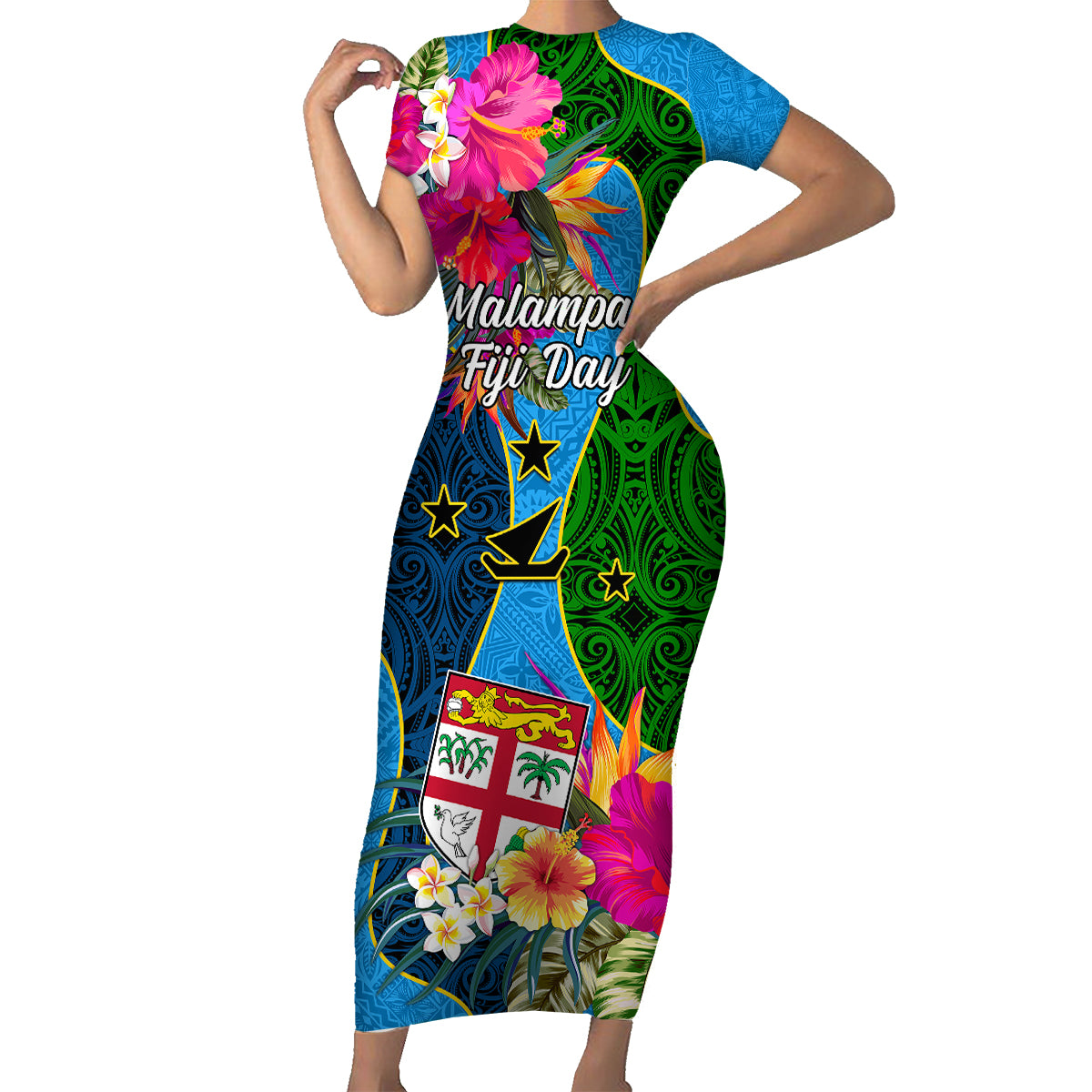 Malampa Fiji Day Family Matching Short Sleeve Bodycon Dress and Hawaiian Shirt Tropical Plants Mix Polynesian and Tapa Pattern LT03 Mom's Dress Blue - Polynesian Pride