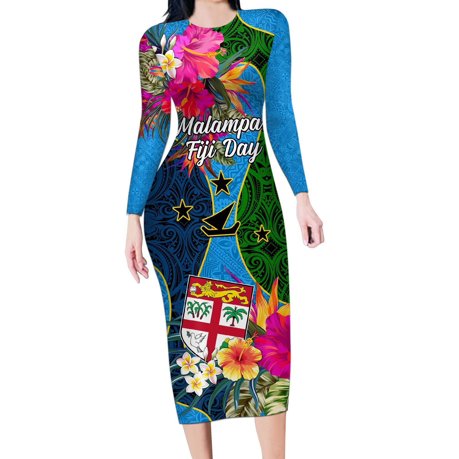 Malampa Fiji Day Long Sleeve Bodycon Dress Tropical Plants Mix Polynesian and Tapa Pattern LT03 Long Dress Blue - Polynesian Pride