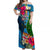 Malampa Fiji Day Off Shoulder Maxi Dress Tropical Plants Mix Polynesian and Tapa Pattern LT03 Women Blue - Polynesian Pride