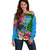 Malampa Fiji Day Off Shoulder Sweater Tropical Plants Mix Polynesian and Tapa Pattern LT03 Women Blue - Polynesian Pride