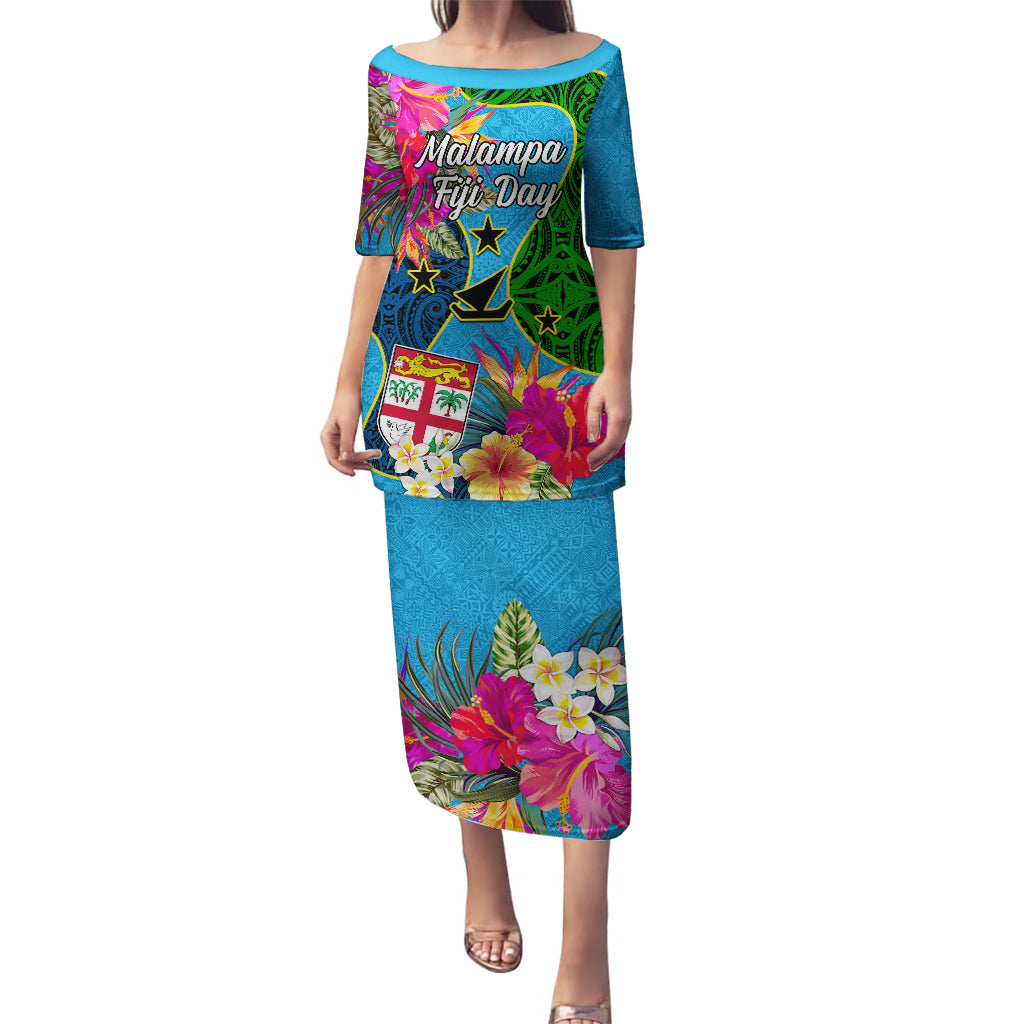 Malampa Fiji Day Puletasi Tropical Plants Mix Polynesian and Tapa Pattern LT03 Long Dress Blue - Polynesian Pride