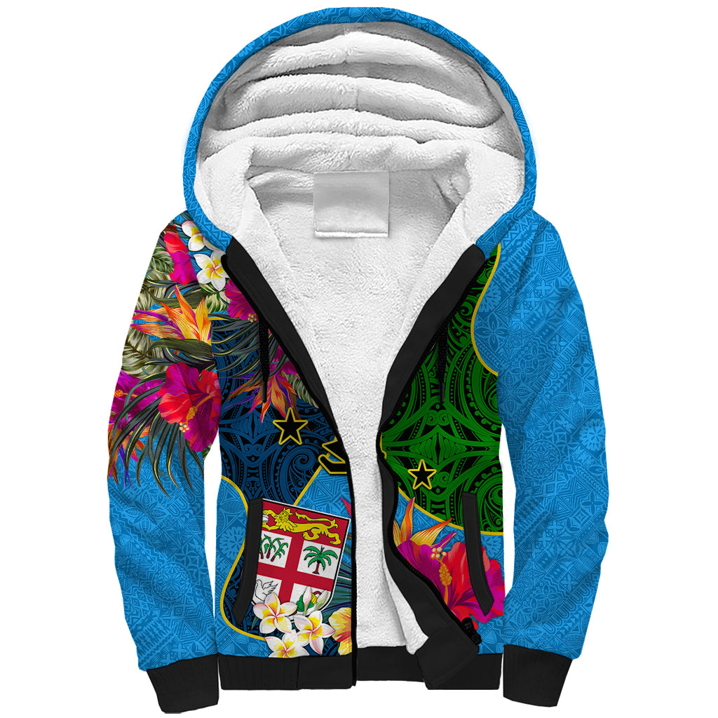 Malampa Fiji Day Sherpa Hoodie Tropical Plants Mix Polynesian and Tapa Pattern LT03 Unisex Blue - Polynesian Pride