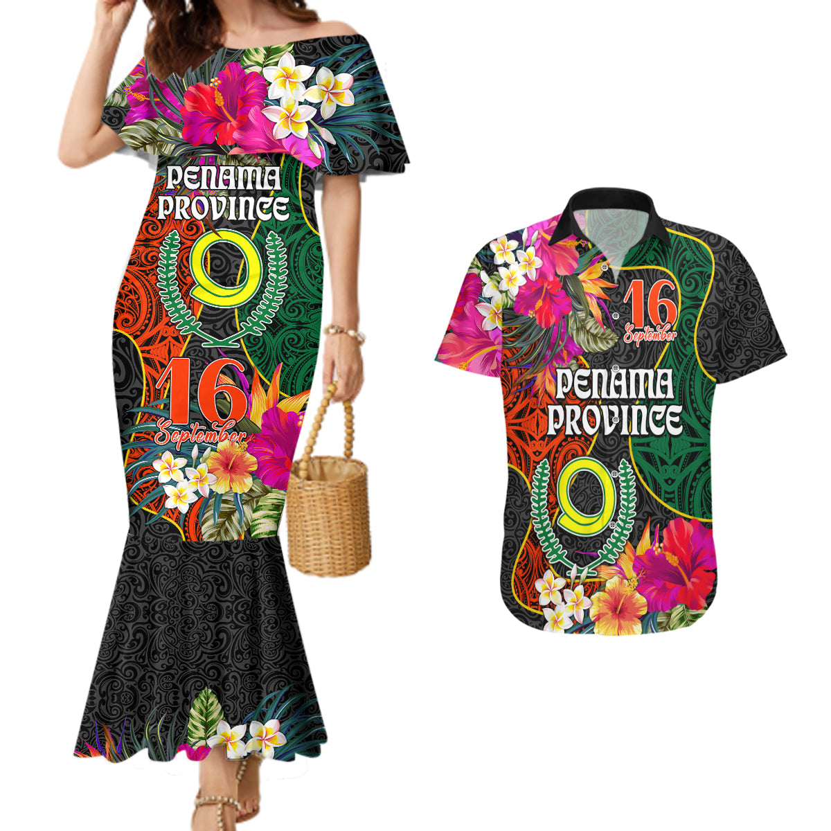 Penama Day Couples Matching Mermaid Dress and Hawaiian Shirt 16th September Polynesian Pattern with Pacific Flower LT03 Black - Polynesian Pride