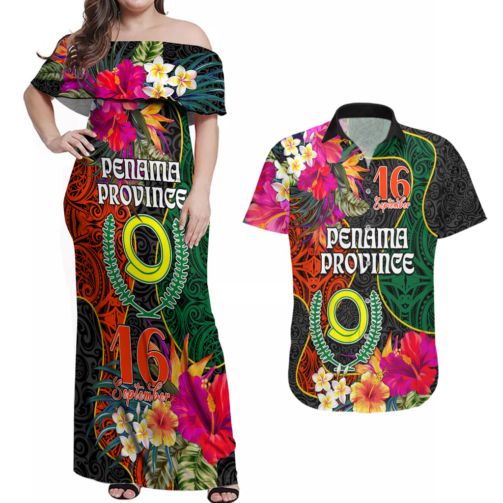 Penama Day Couples Matching Off Shoulder Maxi Dress and Hawaiian Shirt 16th September Polynesian Pattern with Pacific Flower LT03 Black - Polynesian Pride