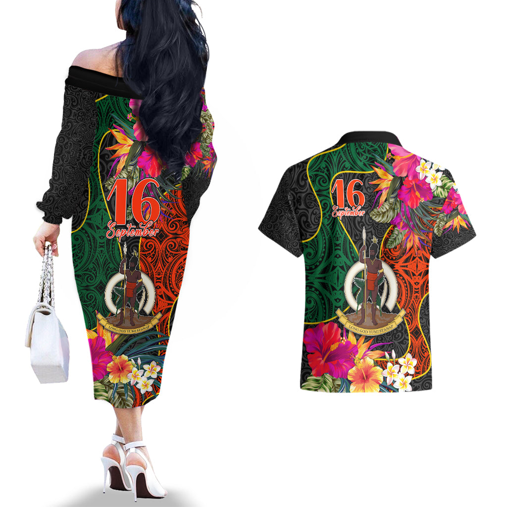 Penama Day Couples Matching Off The Shoulder Long Sleeve Dress and Hawaiian Shirt 16th September Polynesian Pattern with Pacific Flower LT03 - Polynesian Pride
