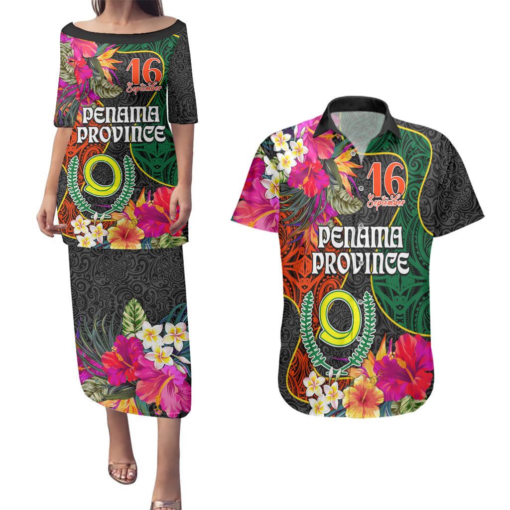 Penama Day Couples Matching Puletasi Dress and Hawaiian Shirt 16th September Polynesian Pattern with Pacific Flower LT03 Black - Polynesian Pride