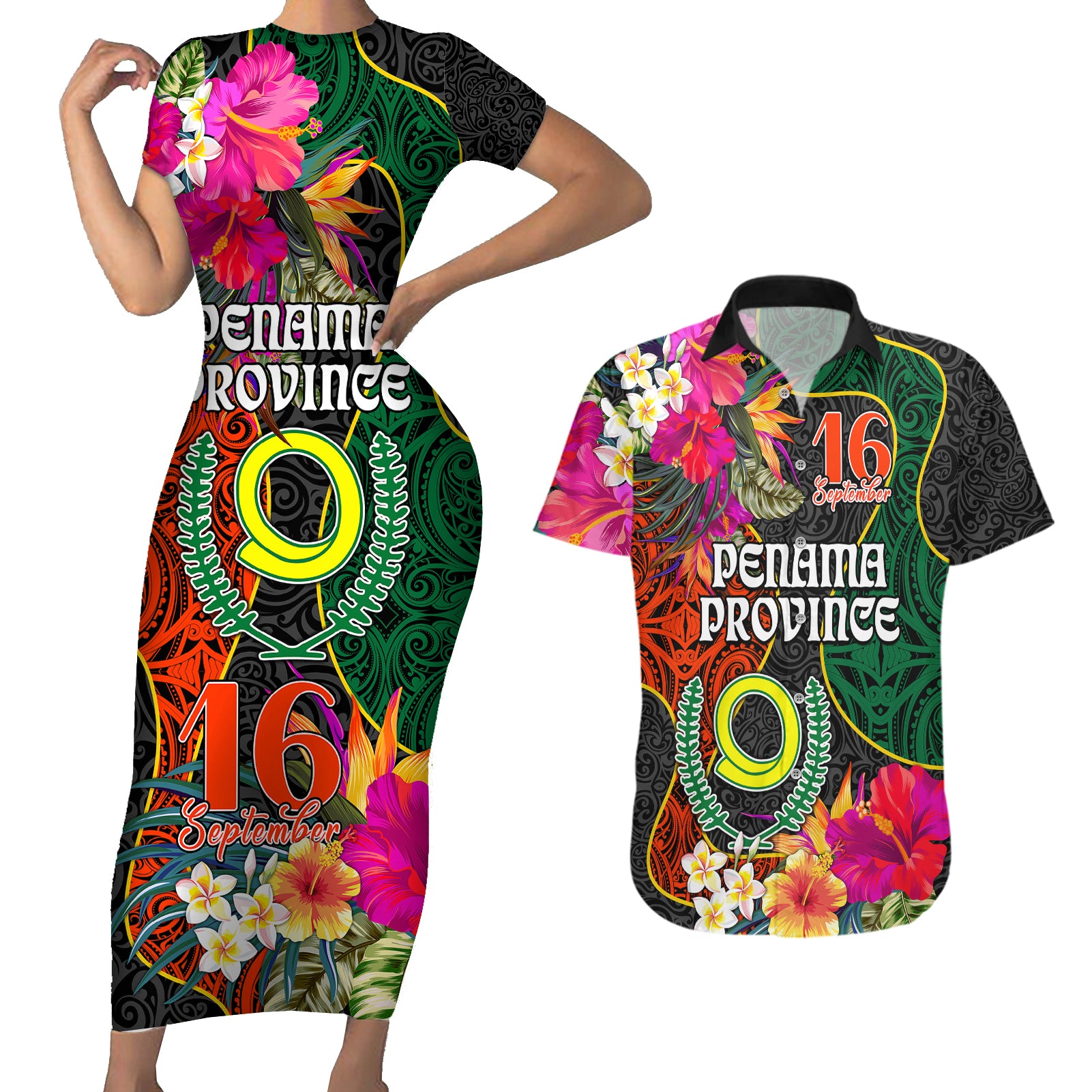 Penama Day Couples Matching Short Sleeve Bodycon Dress and Hawaiian Shirt 16th September Polynesian Pattern with Pacific Flower LT03 Black - Polynesian Pride