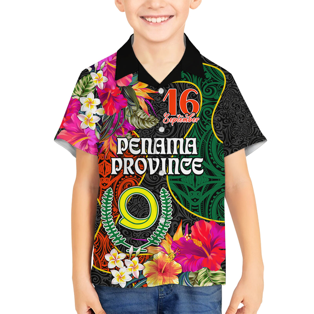 Penama Day Kid Hawaiian Shirt 16th September Polynesian Pattern with Pacific Flower LT03 - Polynesian Pride