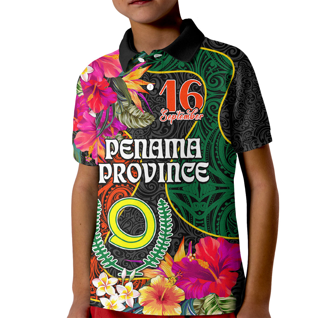 Penama Day Kid Polo Shirt 16th September Polynesian Pattern with Pacific Flower LT03 Kid Black - Polynesian Pride