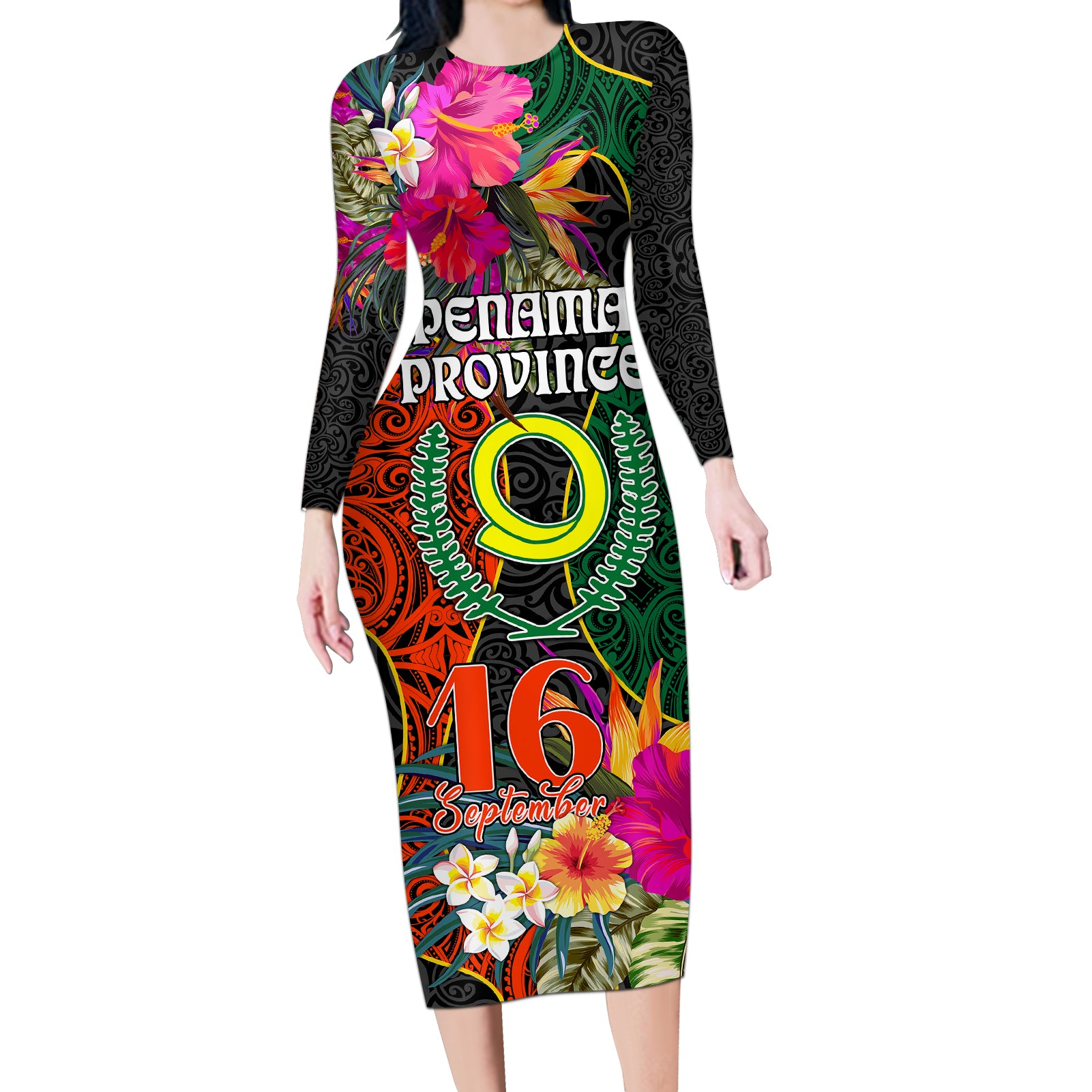 Penama Day Long Sleeve Bodycon Dress 16th September Polynesian Pattern with Pacific Flower LT03 Long Dress Black - Polynesian Pride