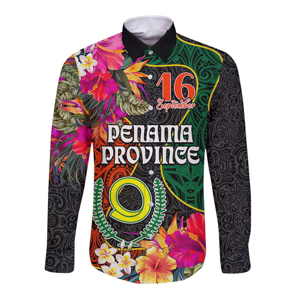 Penama Day Long Sleeve Button Shirt 16th September Polynesian Pattern with Pacific Flower LT03 Unisex Black - Polynesian Pride